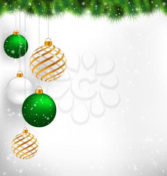 Golden spiral and green christmas balls with pine branches in snowfall on grayscale background