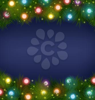 Multicolored Christmas lights on pine branches on blue background