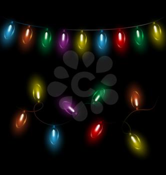 Variations of multicolored glassy led Christmas lights garlands on black background