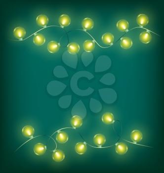 Glowing yellow twisted led Christmas lights garlands on cyan background