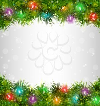 Multicolored Christmas lights on pine branches on grayscale background