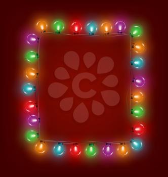Multicolored glassy led Christmas lights garland like frame on red background
