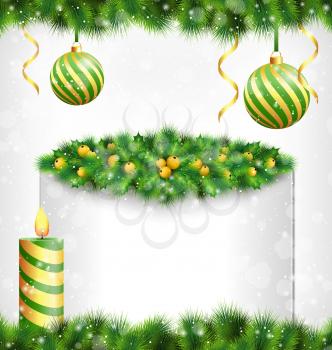 Burning Christmas candle with holly sprigs, pine branches and two spiral Christmas balls with frame and ribbons hanging on pine in snowfall on grayscale background