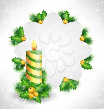 Burning Christmas candle with holly sprigs, pine branches and frame like snowflake in snowfall on grayscale background