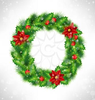 Christmas wreath with holly sprigs, pine branches and flowers of poinsettia in snowfall on grayscale background