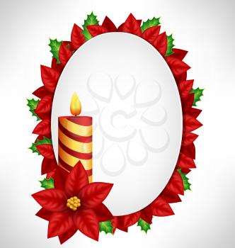 Oval frame with Christmas candle, petals and leafs of flower of poinsettia and holly on grayscale background