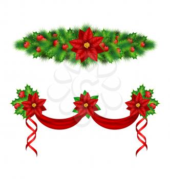 Two Christmas garlands with flower of poinsettia, holly sprigs, pine branches, ribbons and fabric isolated on white background