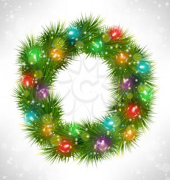 Christmas wreath with multicolored glassy led Christmas lights garland like frame in snowfall on grayscale background
