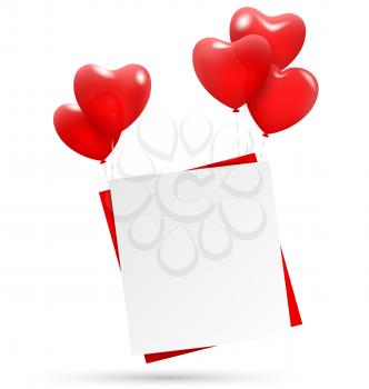 Festive love red paper hang on multicolored inflatable hearts air balls isolated on white background 