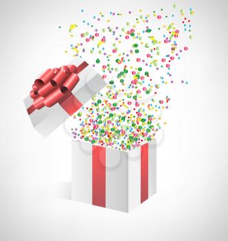 Multicolored confetti with open gift box on grayscale background