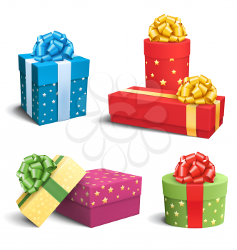 Set Collection of Colorful Celebration Gift Boxes with Bows Isolated on White Background