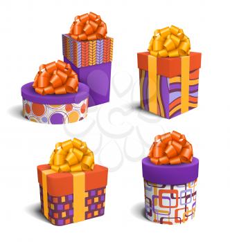 Set Collection of Colorful Celebration Gift Boxes with Bows Isolated on White Background
