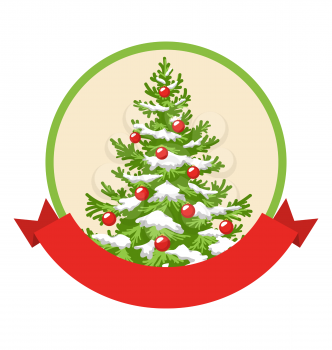 Christmas Winter Label Icon with Decoration Evergreen Tree Isolated on White Background