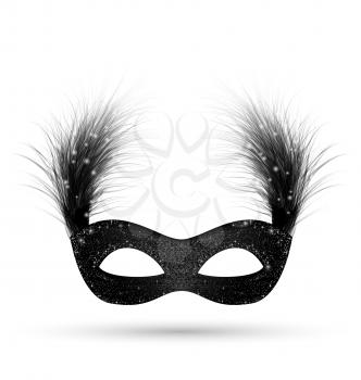 Black carnival mask with fluffy feathers isolated on white background