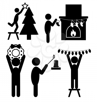 Set of Christmas Decoration Home Flat Black Pictograms People Icons Isolated on White Background
