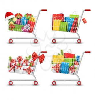 Set of Christmas Sale Colorful Shopping Carts with Gift Boxes and Bags Isolated on White Background