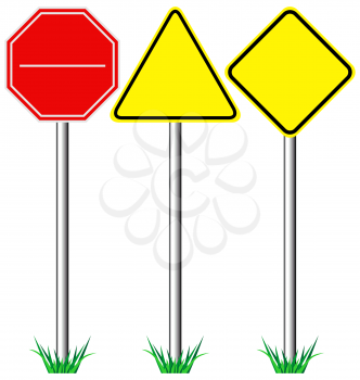 Yellow warning information and red stop road signs with grass isolated on white background