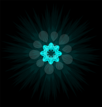 Self-illuminated cyan snowflake isolated on black background