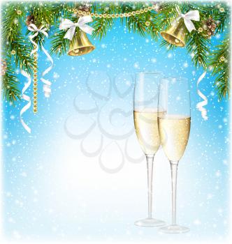 Shiny Christmas Background with Sparkling Wine Champagne Jingle Bells and Pine Branches in Snowfall