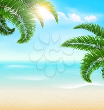 Beach with palm branches and clouds. Summer holiday vacation background