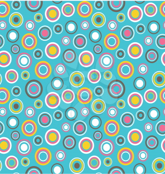 Bright fun abstract seamless pattern with multicolored circles isolated on blue background