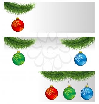 Banners with multicolored Christmas balls on pine branches
