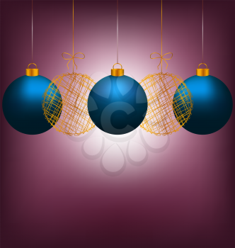 Tree blue and two golden netting Christmas balls with light on violet background