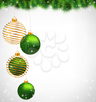 Two green and two spiral golden Christmas balls hanging on pine in snowfall on grayscale background