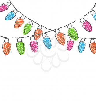 Multicolored flat hand-drawn Christmas lights isolated on white background