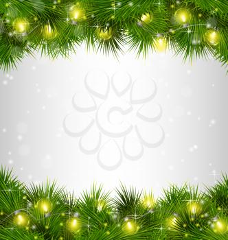 Yellow Christmas lights on pine branches on grayscale background