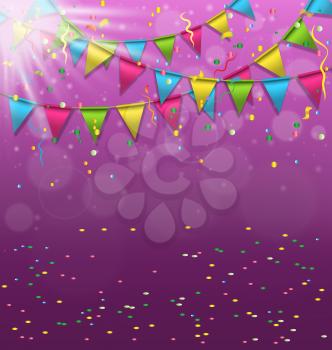 Multicolored bright buntings garlands with confetti and light on violet background