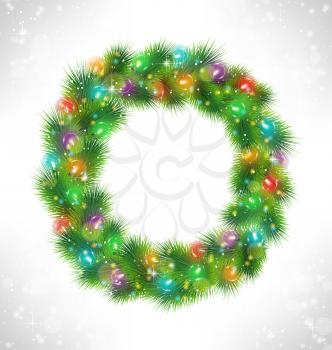 Christmas wreath with multicolored glassy led Christmas lights garland like frame in snowfall on grayscale background