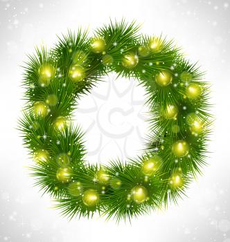 Christmas wreath with yellow glassy led Christmas lights garland like frame in snowfall on grayscale background