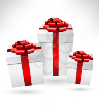 Three grayscale gift boxes with red bows on grayscale background