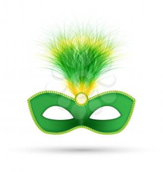 Green carnival mask with fluffy feathers isolated on white background