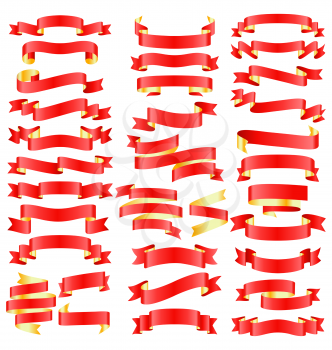 Set of Red Golden Celebration Curved Ribbons Variations Isolated on White Background