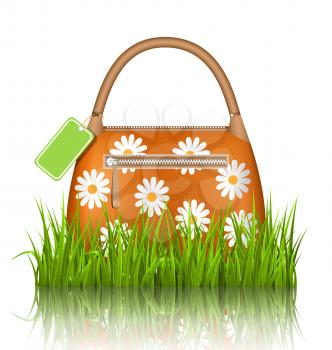 Orange woman spring bag with chamomiles flowers and sale label in grass lawn with reflection on white background