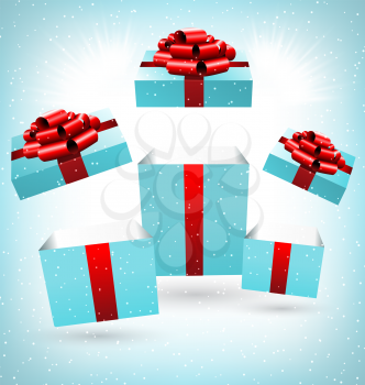 Three opened blue gift boxes with red bows in snowfall on blue background