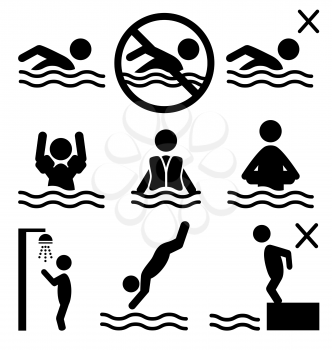 Set of summer swim water information flat people pictogram icon isolated on white background