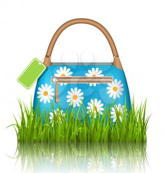 Blue woman spring bag with chamomiles flowers and sale label in grass lawn with reflection on white background