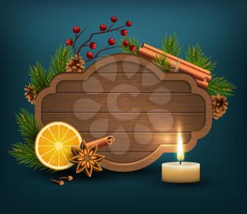 Christmas Background with Wooden Frame Spices and Candle on Dark Blue Background