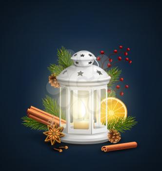 Christmas Lantern with Spices on Dark Blue Background