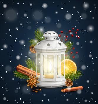 Christmas Lantern with Spices in Snowfall on Dark Blue Background