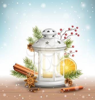 Christmas Lantern with Spices in Snowfall on Wooden Floor on Blue Background