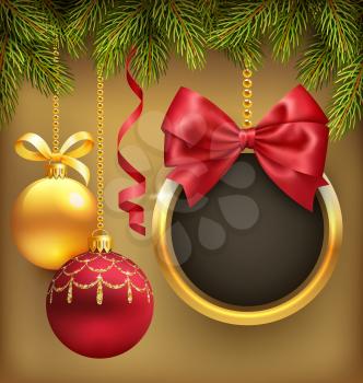 Christmas Background with Pine Branches Frame and Balls on Brown Background