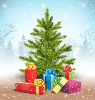 Christmas Tree with Bright Gift Boxes in Snow on Wooden Floor on Blue Background
