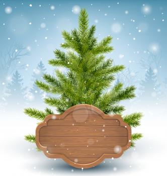 Christmas Tree with Wooden Frame in Snow on Wooden Floor on Blue Background