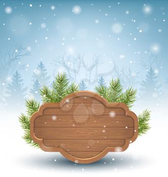 Wooden Frame with Pine Branches in Snow on Blue Background