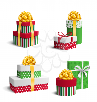 Set Collection of Colorful Celebration Christmas Gift Boxes with Bows Isolated on White Background