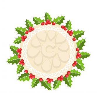 Circle Christmas Label Icon Flat with Holly Sprigs Isolated on White Background
